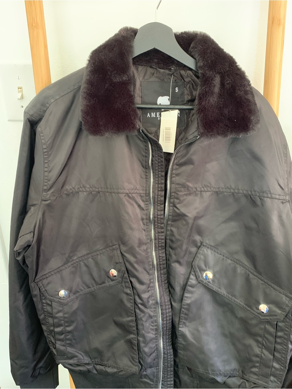 American Stitch Black Bomber Jacket with Dark Brown Fur Collar